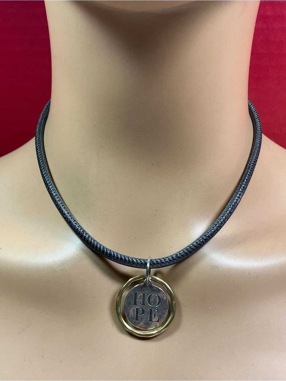 C & H Sterling Silver Hope Pendant W/ a Faux Leather Cord Necklace. 16.5 inches
